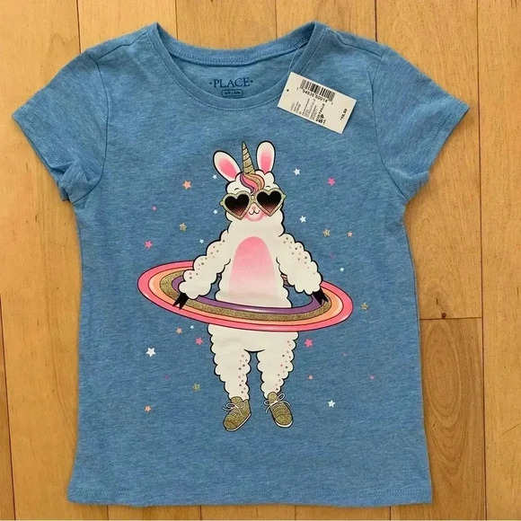 The Childrens Place TCP Girls Graphic T Shirt Lot of 3 Small 5/6 Blue Llama - Picture 2 of 7